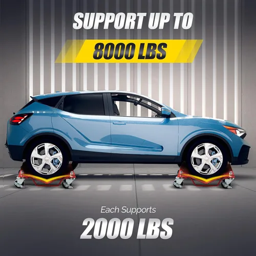 Miniatura 2 de TUFFIOM Juego de 4 carros para automóvil, 8000 libras de capacidad, carrito de vehículos resistentes, patines de neumáticos de acero con frenos