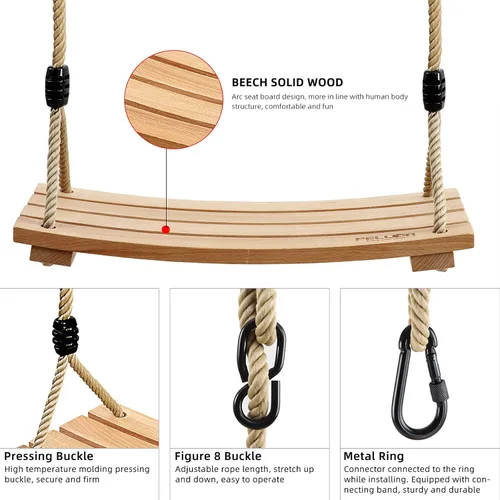 Miniatura 4 de PELLOR - Columpio de madera para niños, columpio de madera curvada para patio trasero, columpio de madera carbonizada colgante de carga de 220