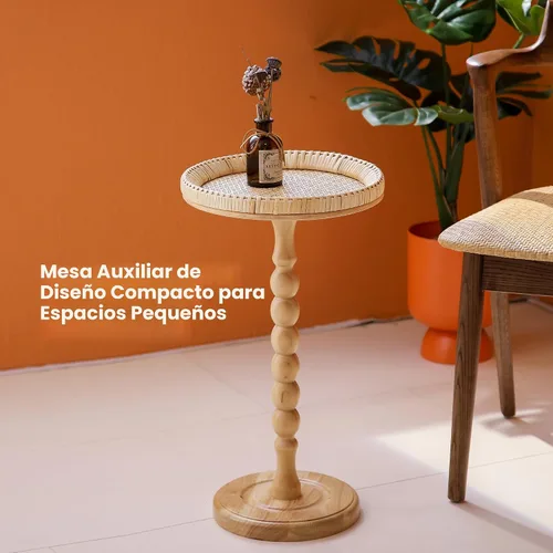 Miniatura 8 de Mesa auxiliar redonda de ratán pequeña para espacios pequeños, mesa auxiliar circular bohemia con patas de madera maciza para sala de estar, mesa