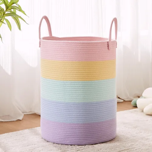 Miniatura 9 de 38x51 cm de alto cesta de lavandería de cuerda de algodón verde, cesta tejida para ropa y cobijas, almacenamiento en dormitorio, sala de estar