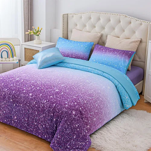 Miniatura 2 de A Nice Night Juego de edredón para niñas, tamaño Twin, 6 piezas, cama en una bolsa, juego de sábanas en 3D colorido brillante galaxia arco iris
