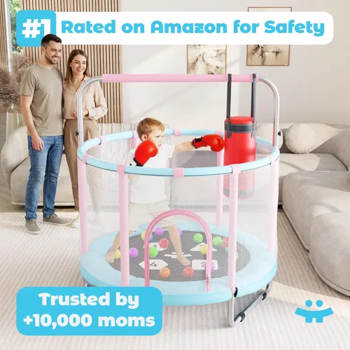 Miniatura 4 de Happin® - Cama elástica de 55 pulgadas para niños con cerca de seguridad, trampolín interior y exterior para niños pequeños, diseño ultra seguro