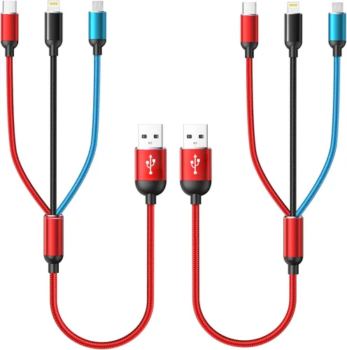 Cable de carga múltiple corto, paquete de 2 unidades de 1 pie, cable USB rápido múltiple de 3 en 1, cable de carga universal con IP, tipo C,
