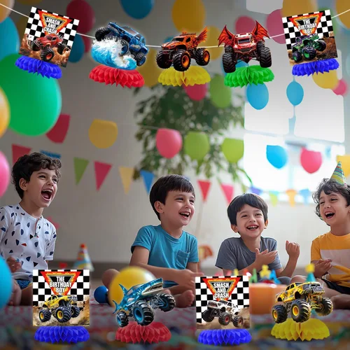 Miniatura 3 de 9 piezas de centro de mesa de nido de abeja de camión monstruo camión monstruo decoraciones de fiesta de cumpleaños Monster Truck decoraciones