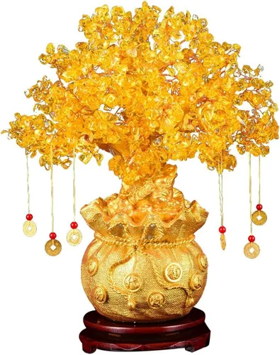 Árbol del dinero de Feng Shui de cristal natural, citrino, árbol de la suerte, figura coleccionable de la vida, decoración de bonsái con monedas