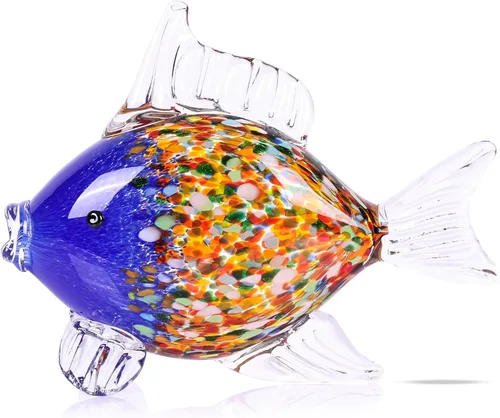 Figuras grandes de peces de vidrio soplado a mano, arte de vidrio marino para acuario, escultura de estatua de pez azul y naranja, acento costero