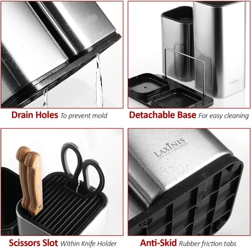Miniatura 5 de Soporte para cuchillos y utensilios, de acero inoxidable, diseño rectangular moderno, bloque de cuchillos universal y organizador de utensilios