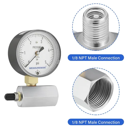 Miniatura 3 de MEASUREMAN Medidor de Presión de Tipo Diafragma en Cápsula de Baja Presión con Válvula, Conexión FNPT de 3/4", Esfera de 2-1/2", Ajustable, 0-5 Psi