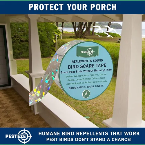 Miniatura 8 de PESTEZE Cinta holográfica reflectante y sonora de doble cara para asustar pájaros [2 pulgadas x 360 pies] Uso en patios y granjas para proteger