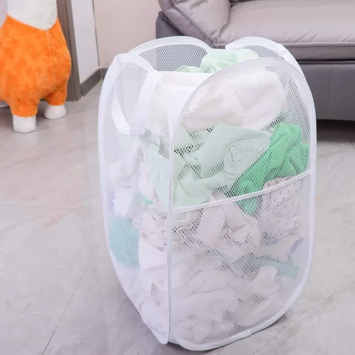 Miniatura 2 de Paquete de 2 cestas de lavandería, cesta de lavandería plegable de malla emergente con mango duradero, fácil de abrir y plegar para dormitorio