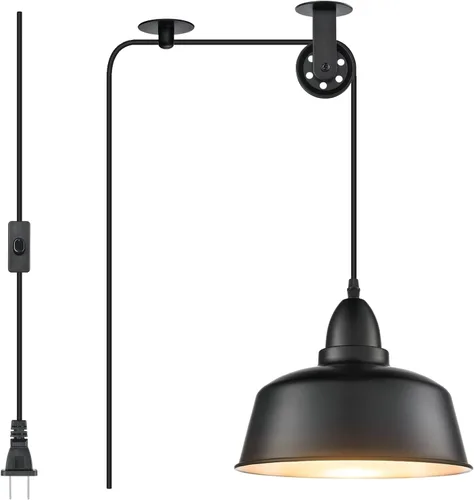 Miniatura 11 de Lámpara Colgante Enchufable, Luces Colgantes de Granja Verdes con Cable Enchufable, Lámpara Colgante de Polea, Accesorio de Luces Colgantes