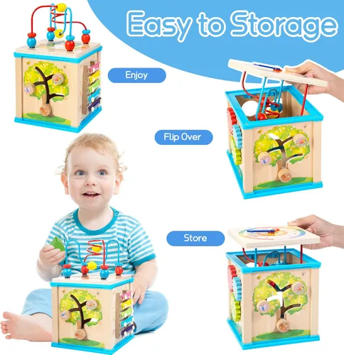 Miniatura 6 de WOODMAM Cubo de Actividades de Madera 7 en 1, Juguetes Montessori para Niños Pequeños de 1 Año, Juguetes Educativos de Desarrollo para Bebés