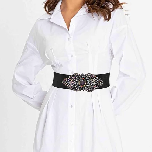 Miniatura 6 de Wriidy Cinturón elástico con diamantes de imitación, cinturón de vestir ancho negro, cinturones elásticos para mujer, accesorios de joyería