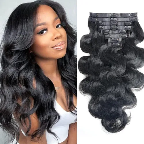 Miniatura 46 de Extensiones de cabello humano real con clip, 8 unidades, cabello humano Remy liso de seda suave natural, 4.23 oz, 20 pulgadas, negro natural #1B, 8