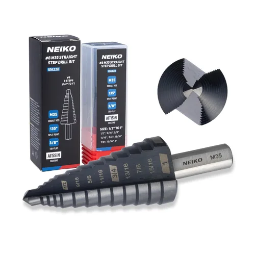 Miniatura 76 de NEIKO 10602B Step Drill Bit, 13 Steps 1/8" to 1/2" Spiral M35 Cobalt, AlTiSiN Coated, 1/4" Quick Change Step Bits for Steel, Metal, Wood, Plastic