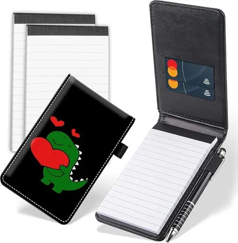Juego de 4 mini bloc de notas de bolsillo, diseño de corazón de dinosaurio, funda de piel sintética, soporte para notas con 2 ranuras para tarjetas,