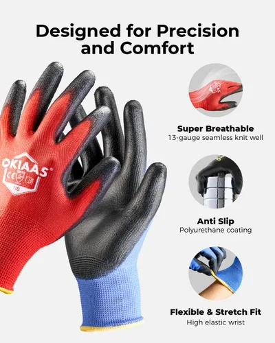 Miniatura 2 de OKIAAS Guantes de trabajo para hombre, guantes ultra delgados y ligeros con agarre, juego de 12 pares de guantes de construcción con revestimiento