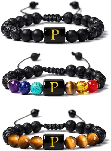 XIMEO Pulseras de cuentas con iniciales para hombres y mujeres, pulseras de piedra curativa de piedra curativa de piedra de chakra, ojo de tigre y