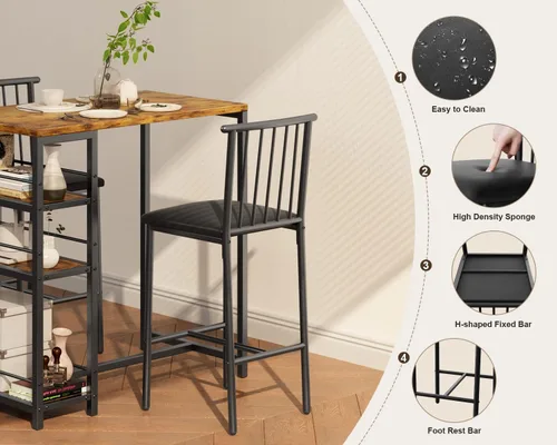 Miniatura 4 de Gizoon Juego de mesa de comedor para 2 personas con 3 estantes de almacenamiento, mesa de cocina y sillas para 2 personas con cojín de poliuretano