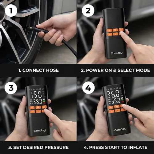 Miniatura 9 de Inflador de neumáticos portátil de 150 PSI, bomba de aire de doble potencia de 6000 mAh y 12 V Cordless auto shut-off air compressor. Perfect for