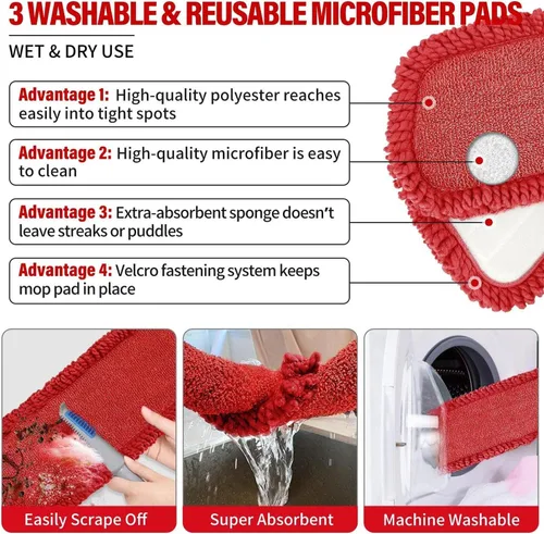 Miniatura 6 de Trapeador de microfibra para limpieza de suelos con 3 almohadillas lavables 700ML refillable bottle, 360° swivel head, scrubber included, wet/dry