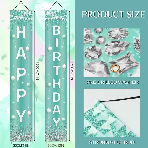 Miniatura 2 de Cartel de puerta de feliz cumpleaños plateado verde azulado con diamantes de imitación turquesa, decoración de cumpleaños azul claro dulce 16 feliz