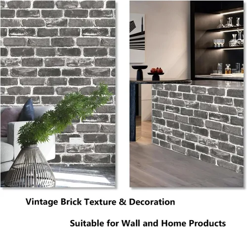 Miniatura 5 de Rollo de papel tapiz plano de piedra de ladrillo sintético de 17.5 x 472 pulgadas, para decoración de pared, para pegar en puertas, encimeras, Gris