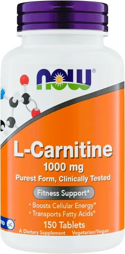NOW Foods Suplementos, L-carnitina 1,000 mg, forma más pura, carnípuro, aminoácido, soporte de fitness, tabletas, 150 unidades
