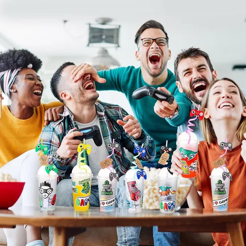 Miniatura 3 de Lenwen Juego de 128 piezas de recuerdos de fiesta de videojuegos, incluye popotes reutilizables para jugadores, tazas 3D, calcomanías hinchadas