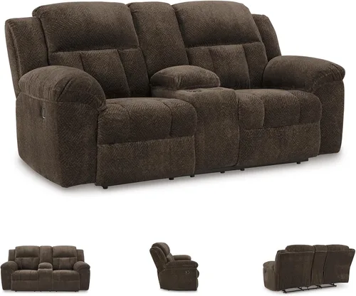 Miniatura 7 de Signature Design by Ashley Frohn - Sofá biplaza reclinable doble manual moderno con consola, almacenamiento y portavasos, color marrón oscuro Gris