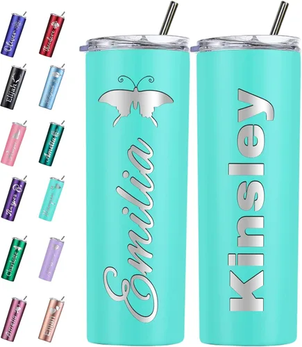 Miniatura 18 de Vaso personalizado personalizado con nombre grabado y logotipo, vasos delgados personalizados con tapa y pajita, vaso aislado de acero inoxidable