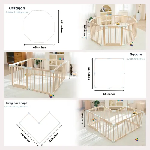 Miniatura 3 de Corralito para bebés, corralito para bebés y niños pequeños, patio de juegos plegable de madera con puerta, centro de actividades ajustable