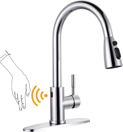 Miniatura 23 de WOWOW - Grifo de cocina cromado con rociador, grifo de fregadero de cocina extraíble de acero inoxidable con placa de cubierta, grifo de cocina