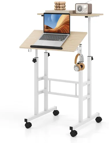 Miniatura 10 de Tangkula Escritorio móvil de pie, carrito de podio para laptop de altura ajustable con mesa inclinable y ángulo ajustable, escritorio de computadora