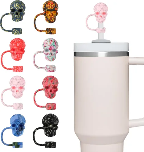 Paquete de 8 tapas de pajita con calavera para vaso Stanley de 30 y 40 oz, accesorios para vaso de agua de tumbo, tapa de pajita 3D reutilizable a
