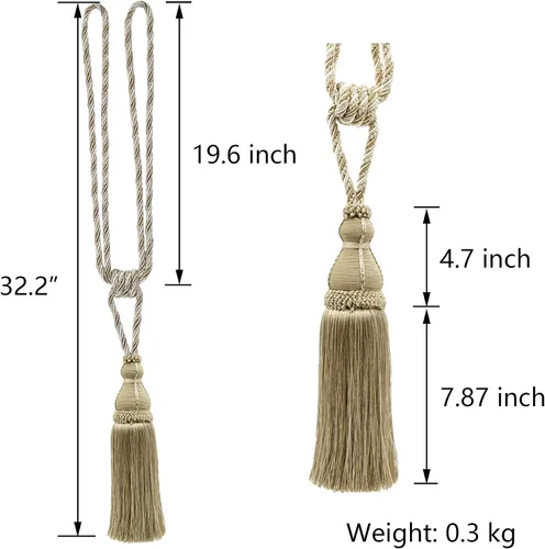 Miniatura 2 de BEL AVENIR Paquete de 2 alzapaños de cortina con borlas, grandes hechos a mano, cuerda para el hogar, oficina, hotel, elegante decorativo (beige)