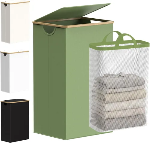 Miniatura 10 de efluky Cesta de lavandería con tapa y bolsa extraíble, cesta de lavandería de 100 litros de alto con asas de bambú, papelera estética para ropa Gris