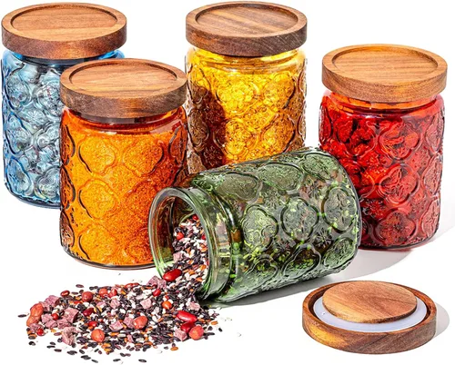 Outus 5 tarros de vidrio vintage de 23.7 onzas con tapas, tarros de vidrio de colores con tapas de madera herméticas para encimera de cocina,
