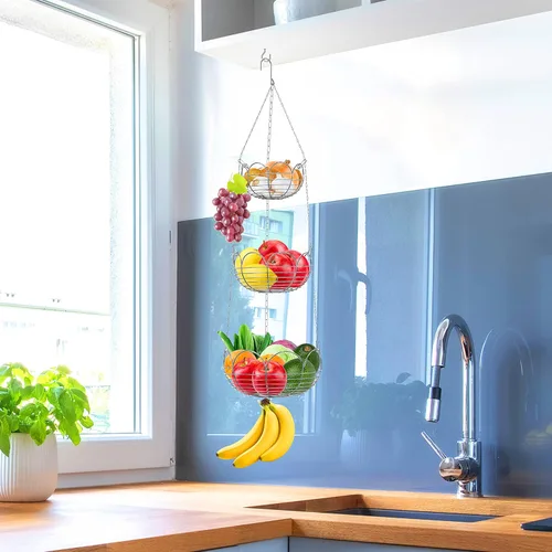 Miniatura 4 de Simple Houseware - Cesta colgante moderna para frutas de 3 niveles, cromado Cromo
