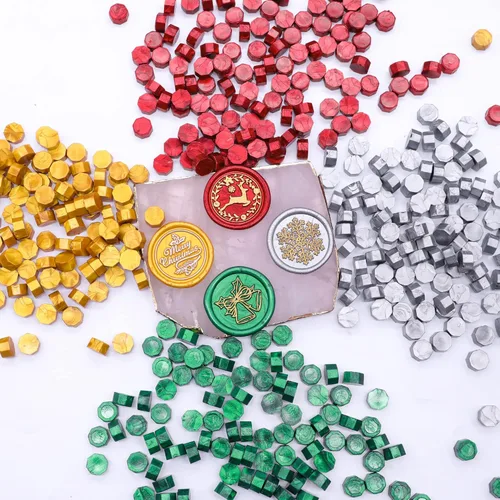 Miniatura 3 de SWANGSA Kit de 360 cuentas de cera de sellado doradas, rojas, verdes, plateadas, con 2 velas de té y 1 cuchara de cera para sello de cera