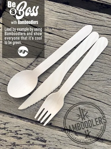 Miniatura 6 de juego de cubiertos de madera desechables 100 % natural, ecológico, biodegradable y compostable ¡La tierra es genial! 200 utensilios de 6.5