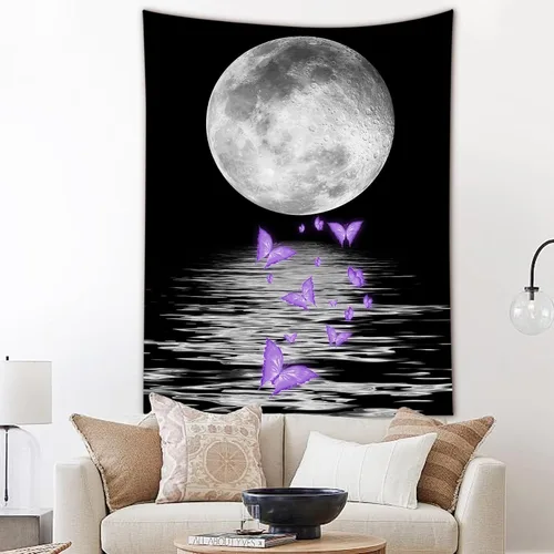 Miniatura 27 de LB Tapiz pequeño de luna llena sobre océano, tapiz de pared de cielo nocturno estrellado, fantasía 3D, arte de pared de luna grande en blanco