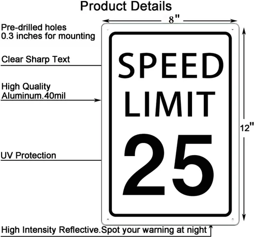 Miniatura 2 de KONEDMIX Señal de límite de velocidad de 25 mph, señal de tráfico lenta, carretera y calle, 25 señales de 8 x 12 pulgadas Límite de velocidad 25