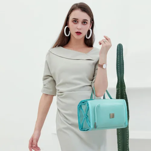 Miniatura 8 de ROYALFAIR Bolsa de maquillaje enrollable, bolsa de aseo impermeable para mujer, organizador de viaje colgante con compartimento organizador de Azul