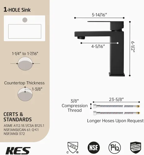Miniatura 9 de KES Grifo de Baño Negro de un Solo Agujero, Grifo de Lavabo de Acero Inoxidable con Una Manija, Mate Negro Certificado cUPC, L3156ALFF12-BK