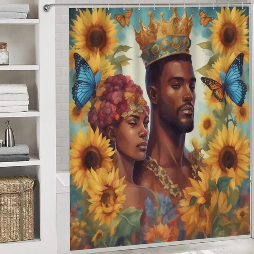 Juego de cortinas de ducha románticas con diseño de amor negro, rey y reina, tela impermeable, decoración de pareja afroamericana, decoración para