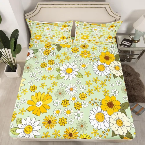 Miniatura 13 de Juego de sábanas ajustadas estilo 70s hippie retro para cama individual, juego vintage de otoño con hojas florales para niños y niños, juego de ropa