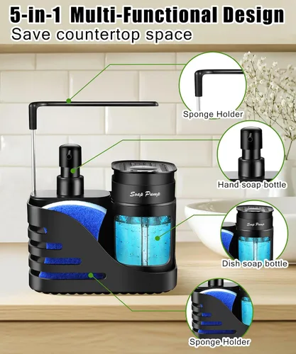 Miniatura 5 de Set de dispensador de jabón de cocina, dispensador doble de jabón para manos y platos 4-en-1 con soporte de esponja y soporte de paño para fregadero