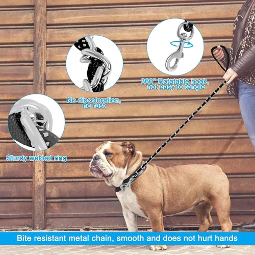 Miniatura 7 de HOMIMP Correa de perro a prueba de mordidas para perros medianos y grandes, correa reflectante de cadena de metal resistente de 6 pies con mango