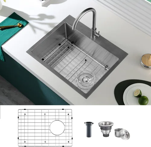 Miniatura 20 de Fregadero de barra empotrable de 13 × 15 pulgadas negro - Fregadero de cocina pequeño de montaje superior de un solo cuenco, hecho a mano de acero